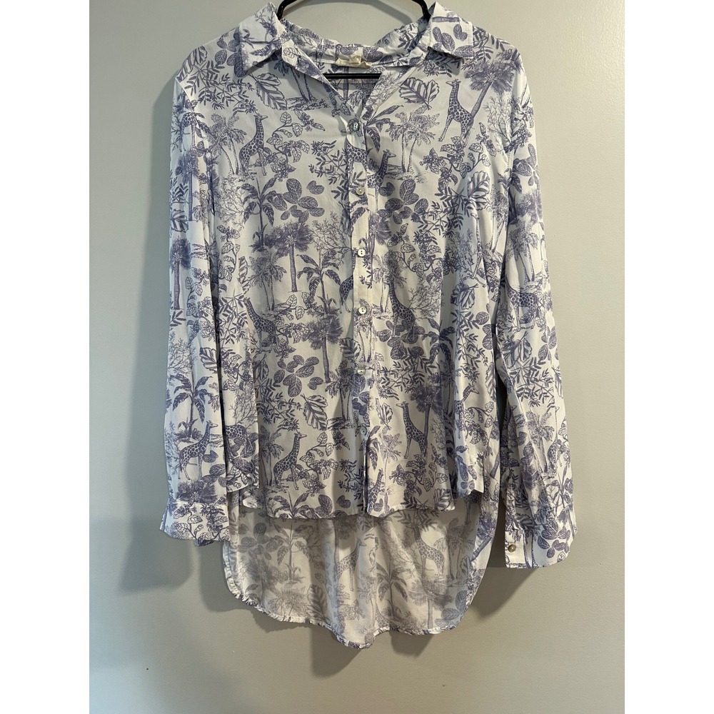 Jane and Delancey Blue White Giraffe Safari Toile High Low Button Front Blouse L